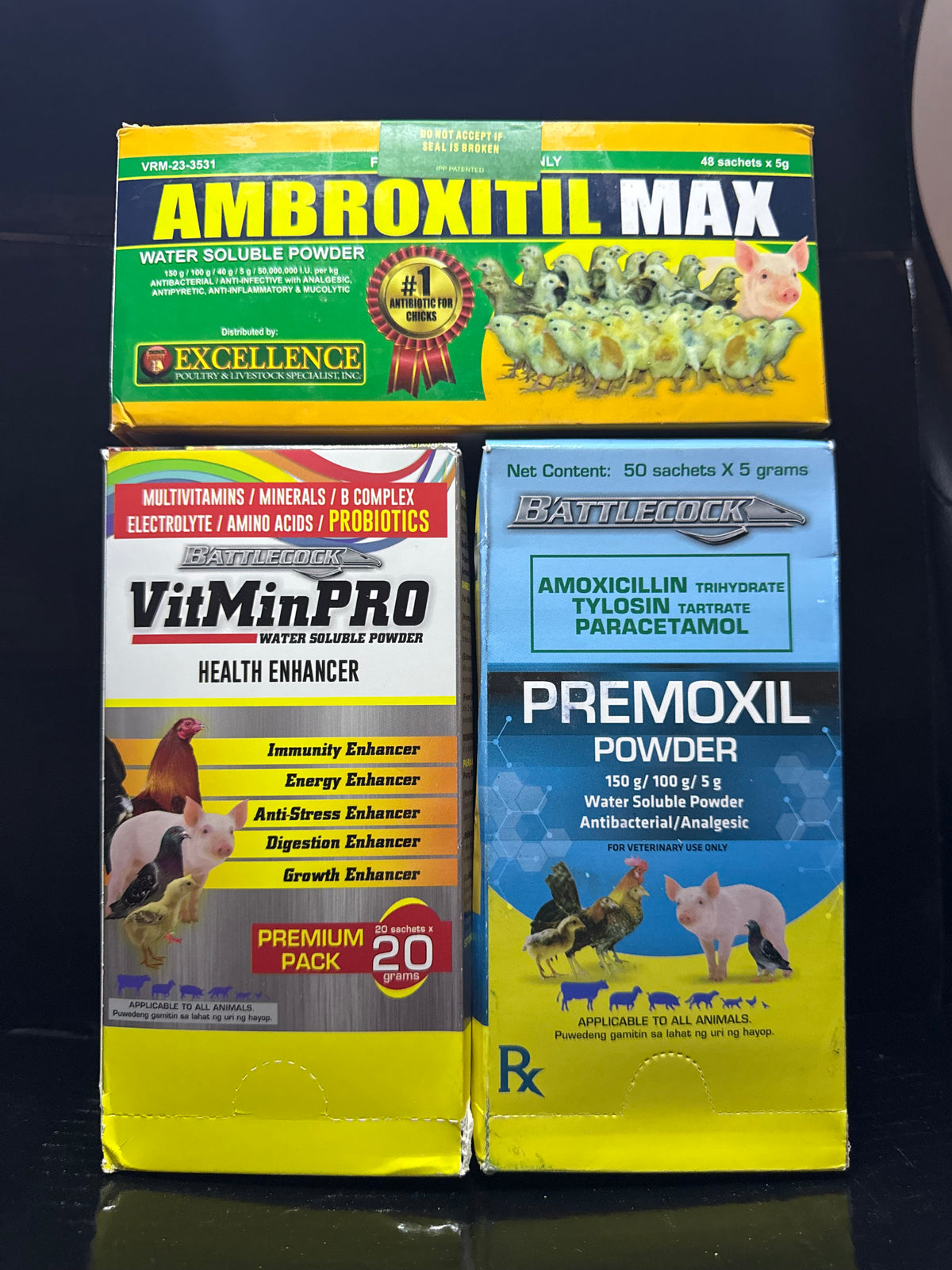 Ambroxitil Max Sachets Box (48sX5gr) - VitMin Pro Sachets Box (20sX20gr) - Premoxil Powder Sachets Box (50sX5gr)