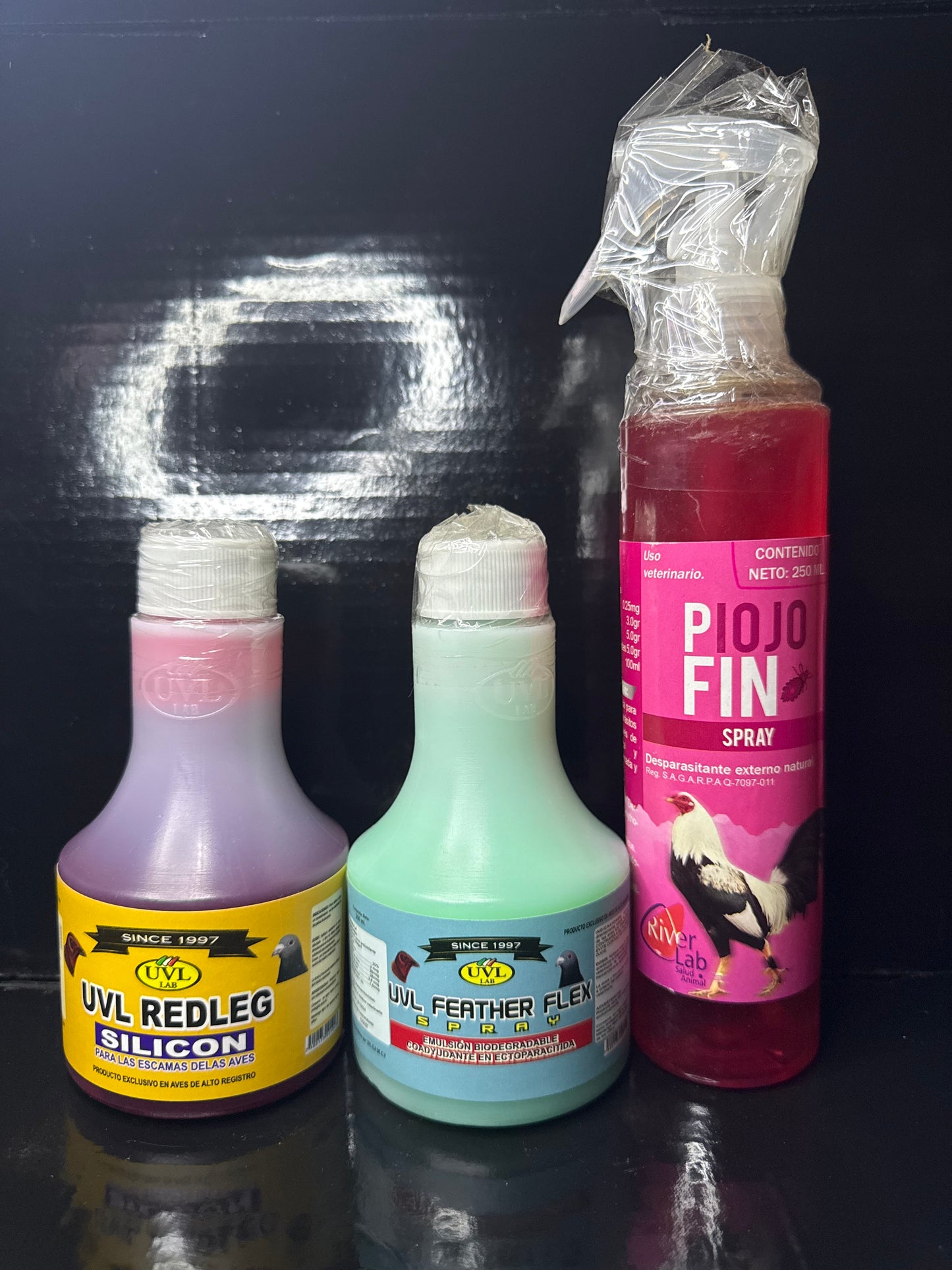 UVL Redleg Silicone, UVL Feather Flex, River Lab Piojofin Spray (250ml ea)
