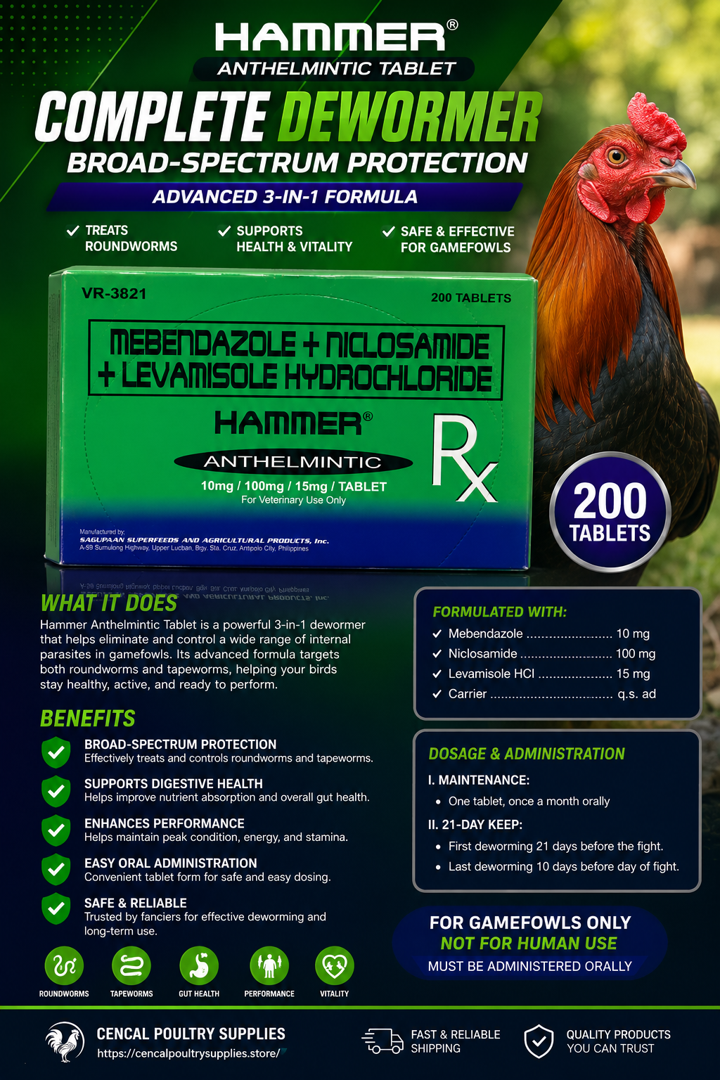 Hammer Gamefowl Dewormer (200 Tablets)