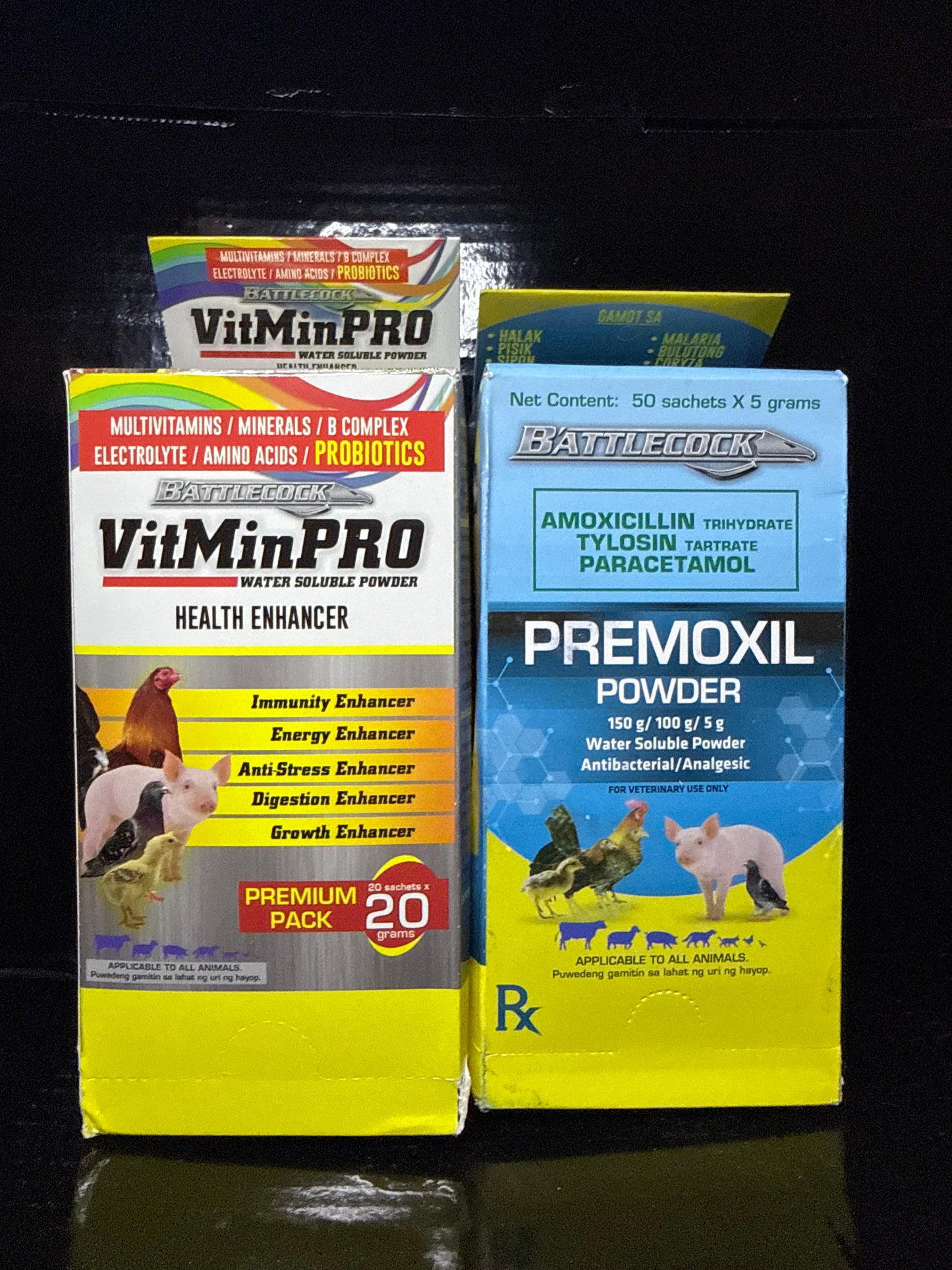 Battlecock VitMin Pro Box (20gX20s) & Premoxil Powder Box (5grX50s) Sachets Box Bundle