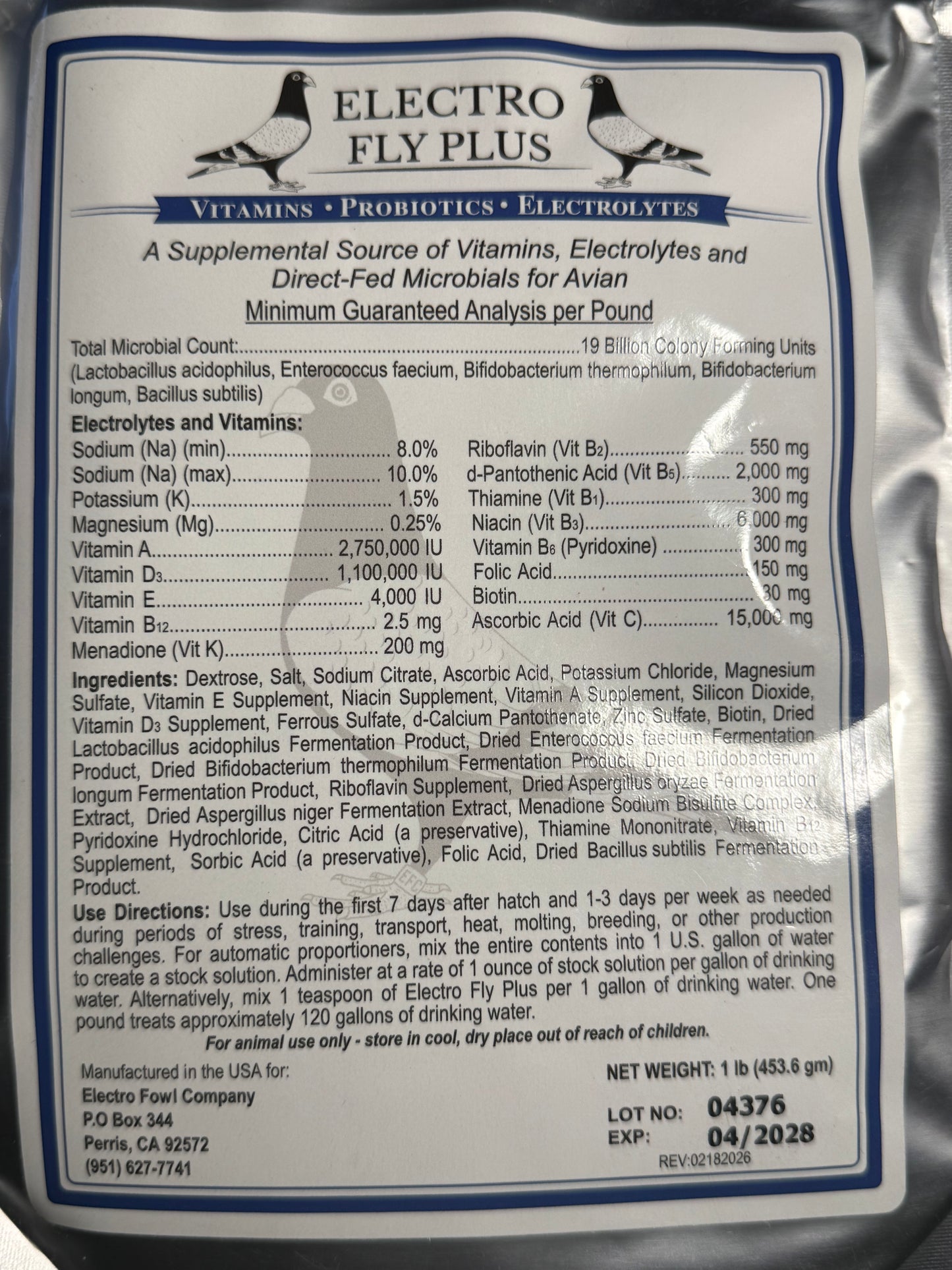 Electro Fly Plus - Vitamins - Probiotic - Electrolytes - Avian (1LB)