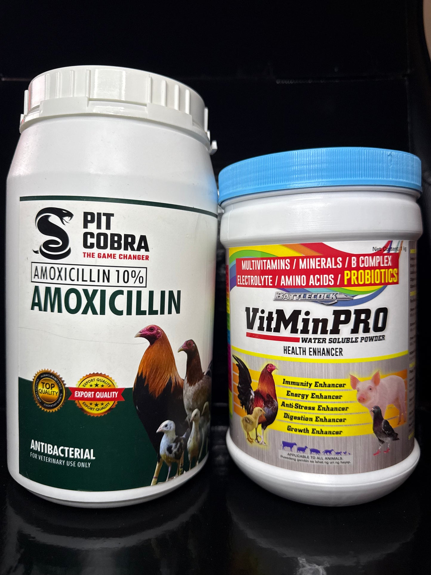 Pit Cobra Amoxicillin 10% 1kg Tub & VitMin Pro 1kg Tub Powder Bundle
