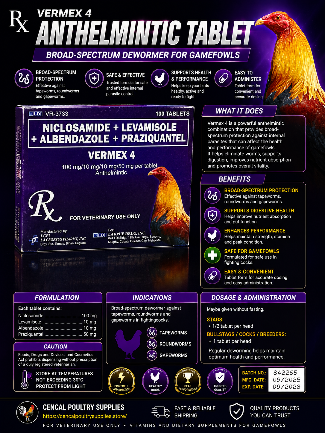 LDI Vermex 4 Gamefowl Dewormer (100 Tablets)